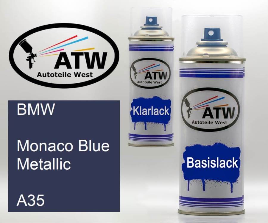 BMW, Monaco Blue Metallic, A35: 400ml Sprühdose + 400ml Klarlack - Set, von ATW Autoteile West.